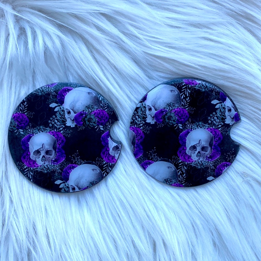 Skull roses purple moody car coasters couch coasters set crossbones gothic dark